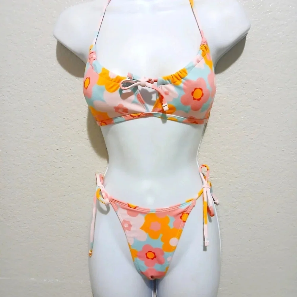 💚5/$25 Zylein Colorful  Floral Halter Tied String Bikini Small Cheeky Bottoms